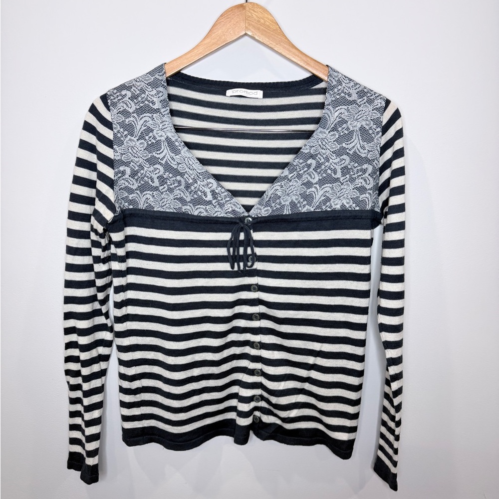 Promod Long Sleeve V-Neck Button Up Stripe Top